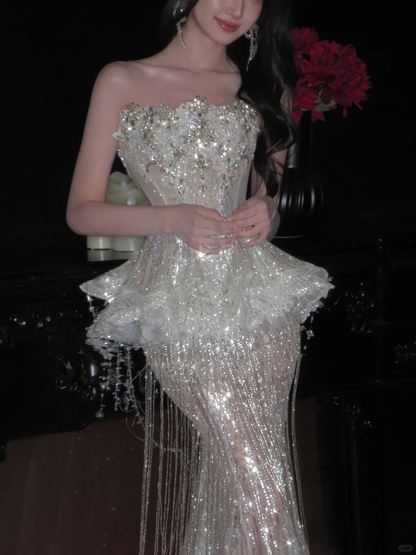 Sparkly Mermaid Strapless Sequin Beads Tassel Long Prom Dress,Party Dress,Formal Evening Dress GG4943