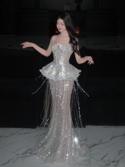 Sparkly Mermaid Strapless Sequin Beads Tassel Long Prom Dress,Party Dress,Formal Evening Dress GG4943