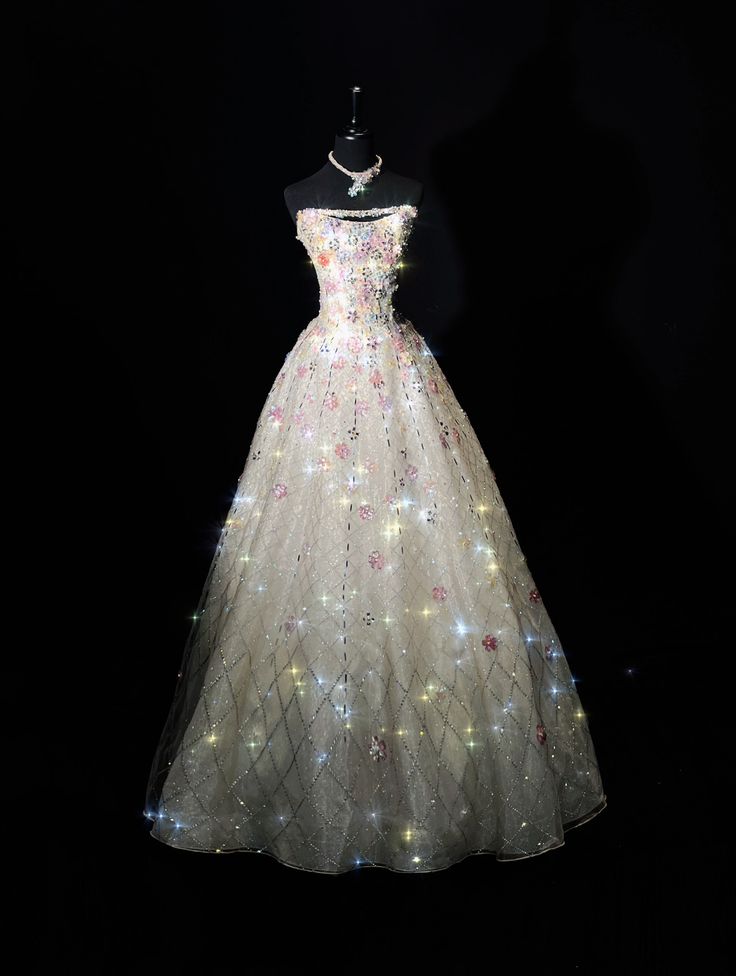 Princess A Line Strapless Tulle Sequin Long Prom Dress,Party Dress,Formal Evening Dress GG4945