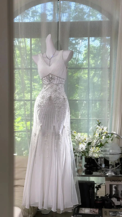 White Mermaid V Neck Chiffon Sequin Long Prom Dress,Party Dress,Formal Evening Dress GG4946