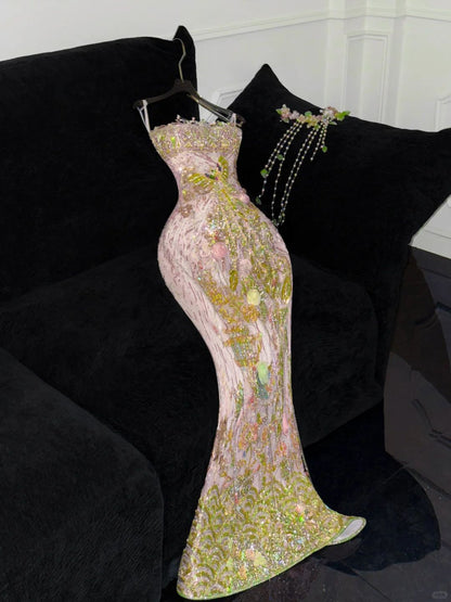 Luxurious Mermaid Spaghetti Straps Satin Sequin Beads Long Prom Dress,Party Dress,Formal Evening Dress GG4950