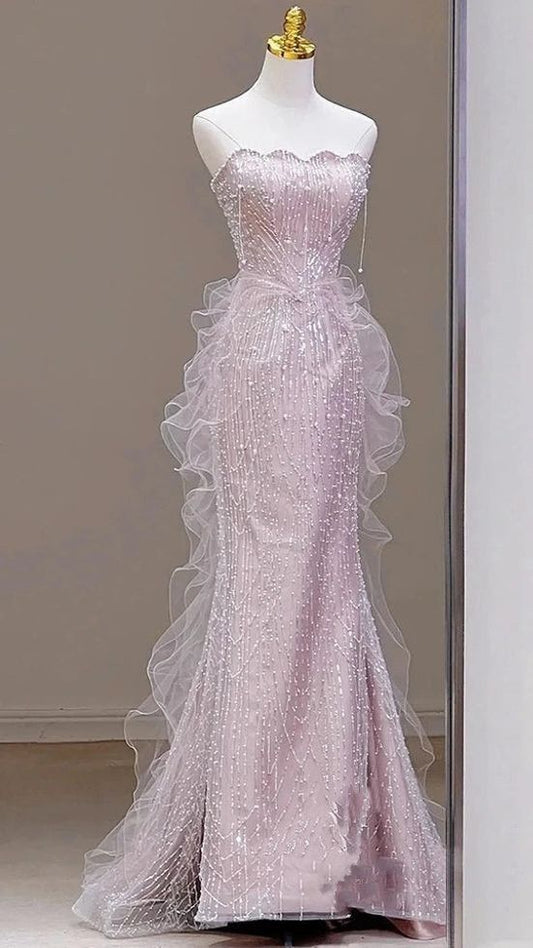 Pretty Pink Mermaid Strapless Satin Tulle Sequin Beads Long Prom Dress,Party Dress,Formal Evening Dress GG4956