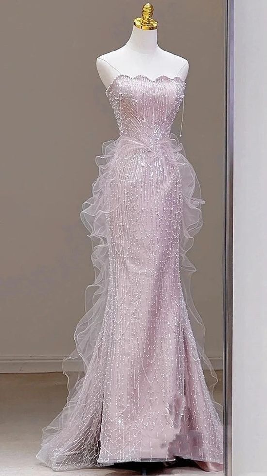 Pretty Pink Mermaid Strapless Satin Tulle Sequin Beads Long Prom Dress,Party Dress,Formal Evening Dress GG4956