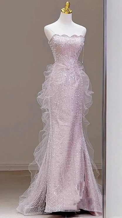 Pretty Pink Mermaid Strapless Satin Tulle Sequin Beads Long Prom Dress,Party Dress,Formal Evening Dress GG4956