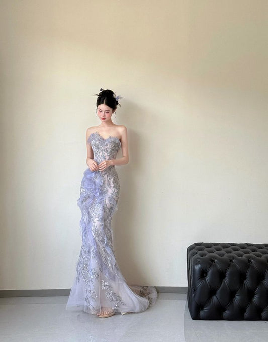 Style Classy Lilac Mermaid Sweetheart Tulle Sequin Long Prom Dress,Party Dress,Formal Evening Dress GG4958