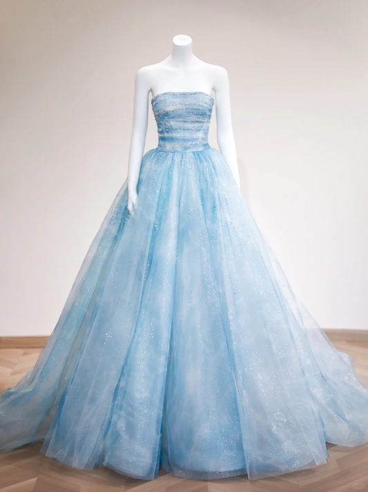 Princess Ball Gown Strapless Tulle Beads Long Prom Dress,Party Dress,Formal Evening Dress GG4959