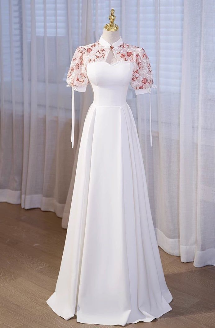 Chinese Style White A Line Half Collar Velvet Short Sleeve Long Prom Dress,Evening Dress GG496