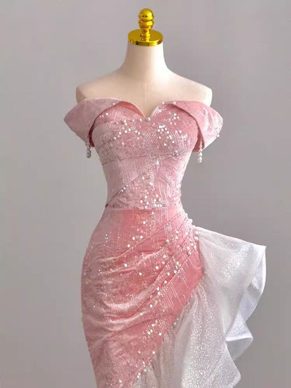 Chic Mermaid Off the Shoulder Pink Satin Pearl Sequin Long Prom Dress,Evening Dress GG497