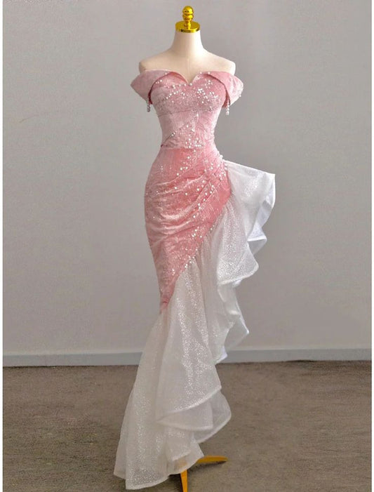 Chic Mermaid Off the Shoulder Pink Satin Pearl Sequin Long Prom Dress,Evening Dress GG497