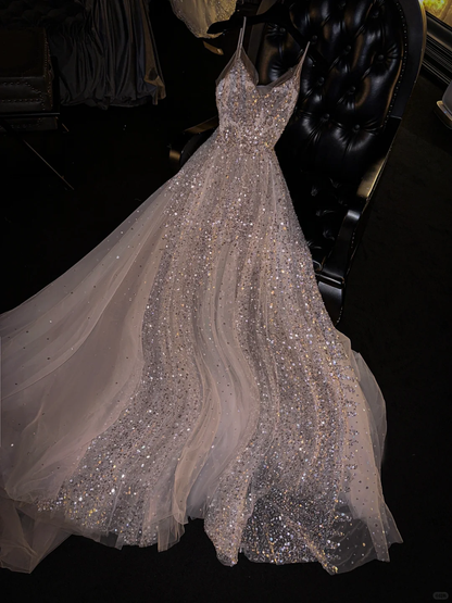 Sparkly A Line Spaghetti Straps Tulle Sequin Long Prom Dress,Party Dress,Formal Evening Dress GG4990