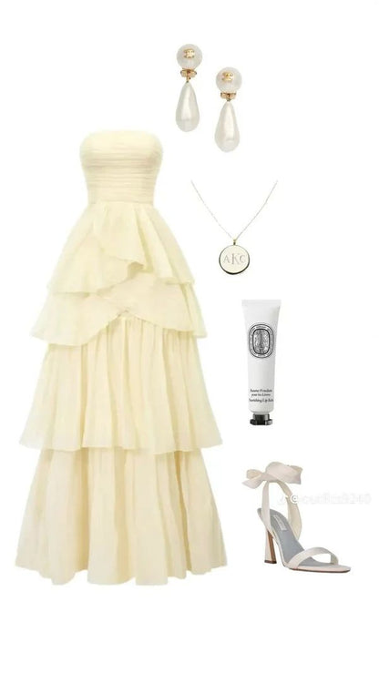 Pretty Ball Gown Strapless Chiffon Layer Long Prom Dress,Party Dress,Formal Evening Dress GG4994