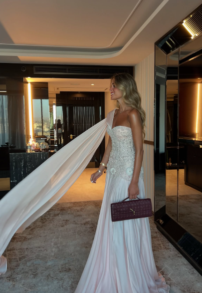 Light Pink A Line One Shoulder Satin Beads With Cape Long Prom Dress,Party Dress,Formal Evening Dress GG4995