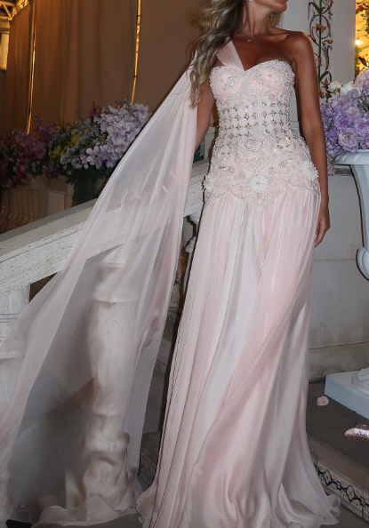 Light Pink A Line One Shoulder Satin Beads With Cape Long Prom Dress,Party Dress,Formal Evening Dress GG4995