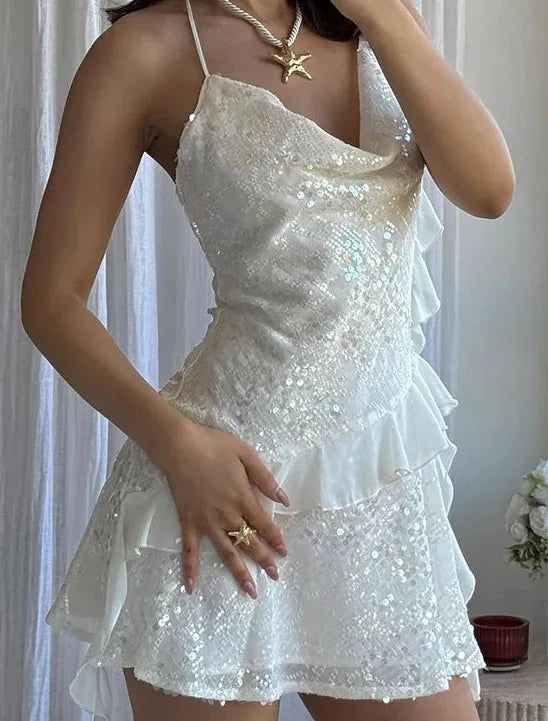 Shiny A Line Spaghetti Straps Sequin Ruffles Chiffon Short Homecoming Dress,Vacation Dress,Summer 18th Birthday Dress GG5000