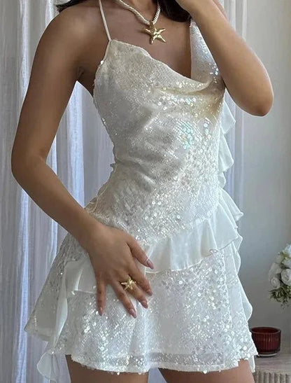 Shiny A Line Spaghetti Straps Sequin Ruffles Chiffon Short Homecoming Dress,Vacation Dress,Summer 18th Birthday Dress GG5000
