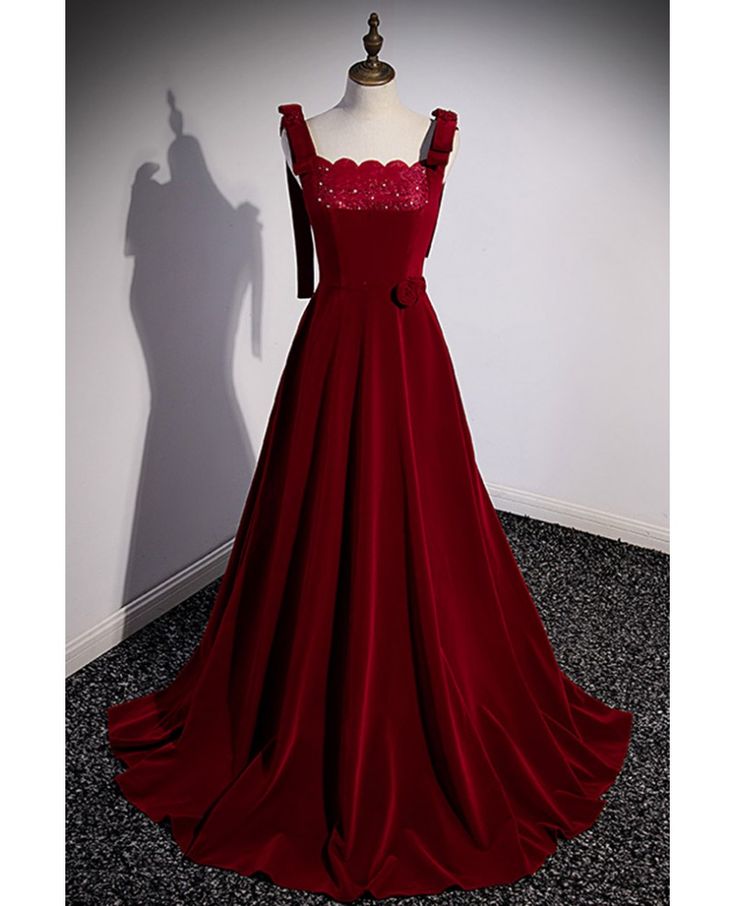 Elegant A Line Square Beaded Burgundy Velvet Long Prom Dress,Evening Dress GG501