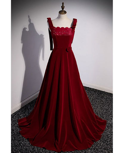 Elegant A Line Square Beaded Burgundy Velvet Long Prom Dress,Evening Dress GG501