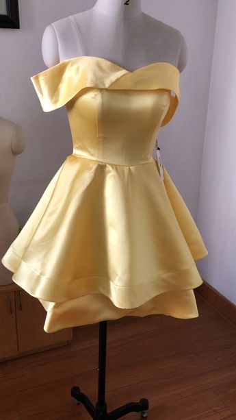 Princess Yellow A Line Off The Shoulder Satin Short Homecoming Dress,Vacation Dress,Summer 17th Birthday Dress GG5015