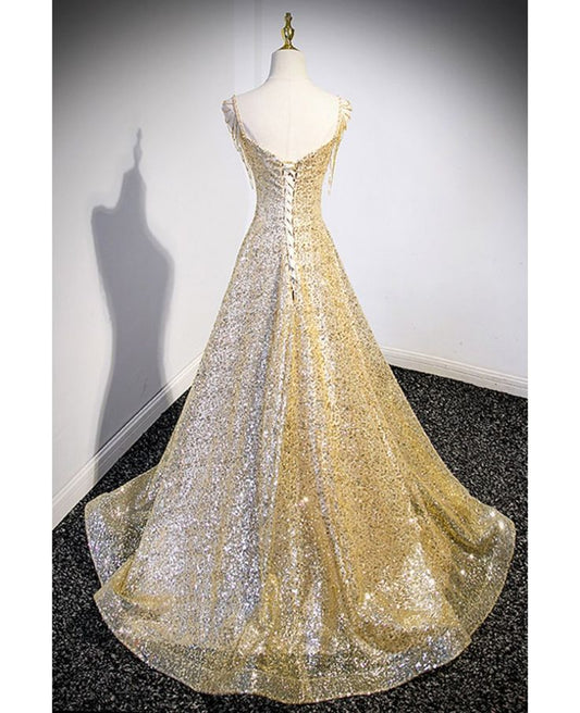 Elegant A Line Square Bling Gold Sequins Sparkly Long Prom Dress,Evening Dress GG502