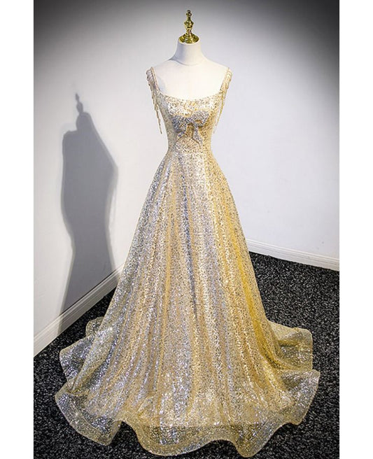 Elegant A Line Square Bling Gold Sequins Sparkly Long Prom Dress,Evening Dress GG502