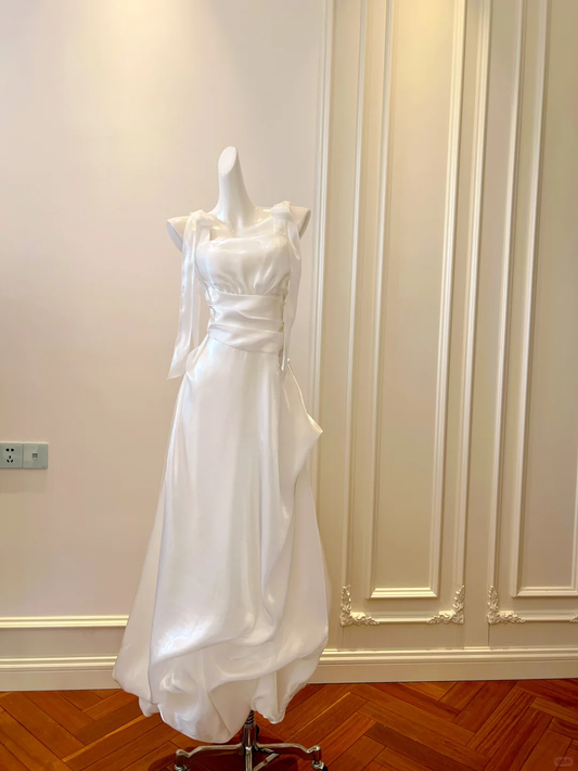 Classy A Line White Square Bow Straps Pleated Satin Long Prom Dress,Party Dress,Formal Evening Dress GG5023