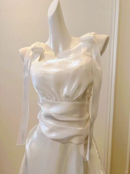 Classy A Line White Square Bow Straps Pleated Satin Long Prom Dress,Party Dress,Formal Evening Dress GG5023