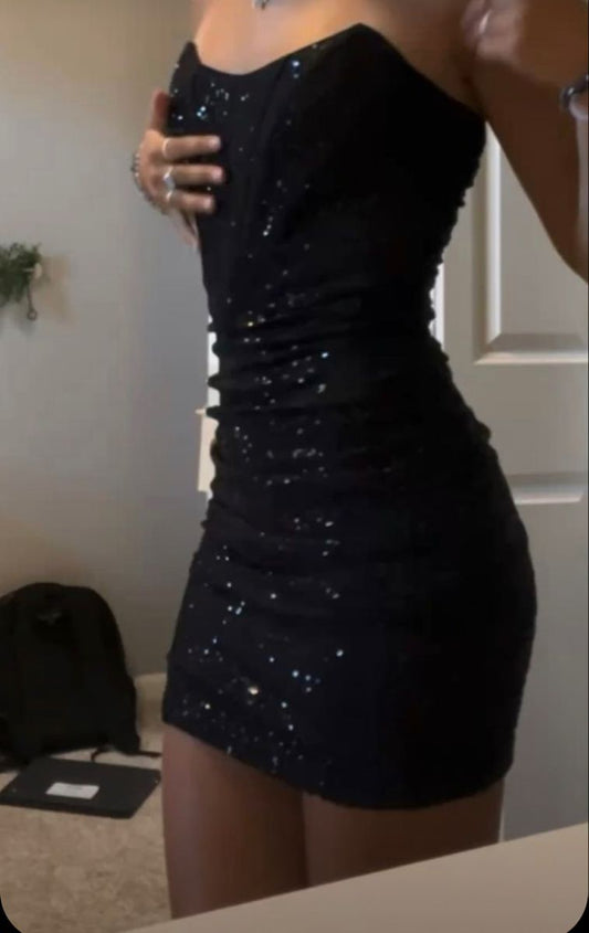 Black Sparkly Mermaid Strapless Satin Sequin Short Homecoming Dress,Vacation Dress,Summer 20th Birthday Dress GG5029