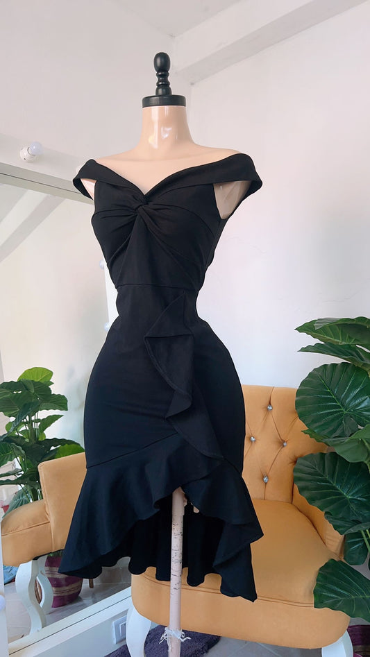 Classy Mermaid Black Off The Shoulder Satin With Ruffle Hem Short Homecoming Dress,Vacation Dress,22th Birthday Dress GG5036