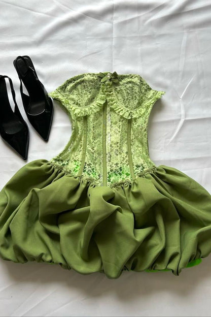 Green A Line Strapless Satin Lace Short Homecoming Dress,Vacation Dress,18th Birthday Dress GG5039