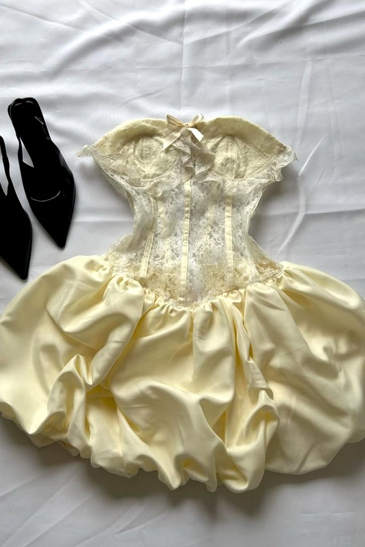 Cute Pastel Yellow A Line Strapless Satin Lace Short Homecoming Dress,Vacation Dress,16th Birthday Dress GG5040