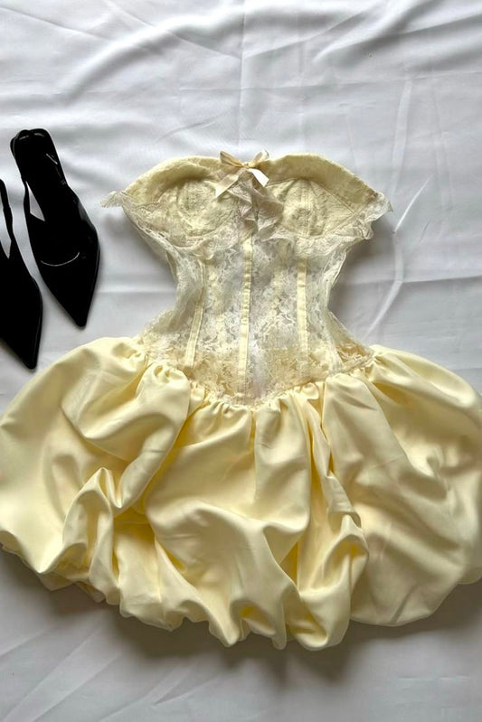 Cute Pastel Yellow A Line Strapless Satin Lace Short Homecoming Dress,Vacation Dress,16th Birthday Dress GG5040