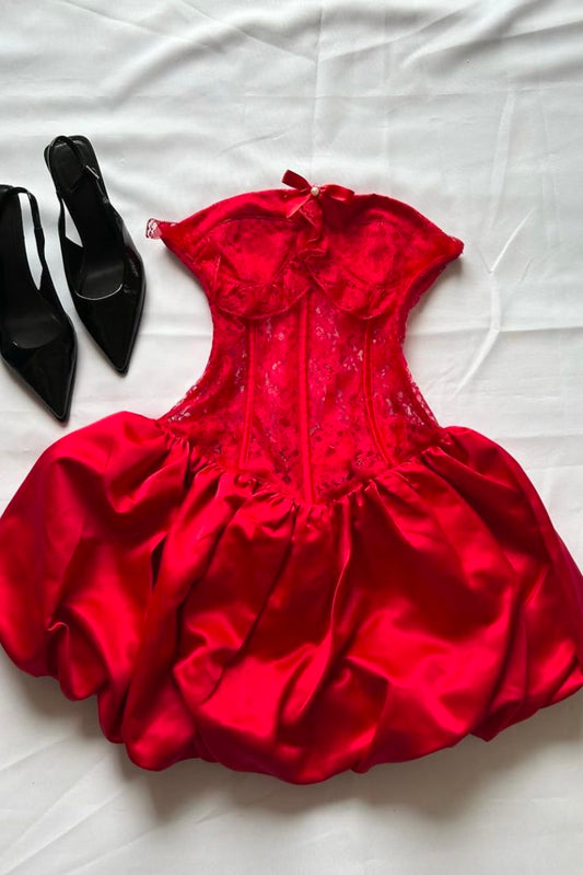 Classic Red A Line Strapless Satin Lace Short Homecoming Dress,Vacation Dress,19th Birthday Dress GG5041