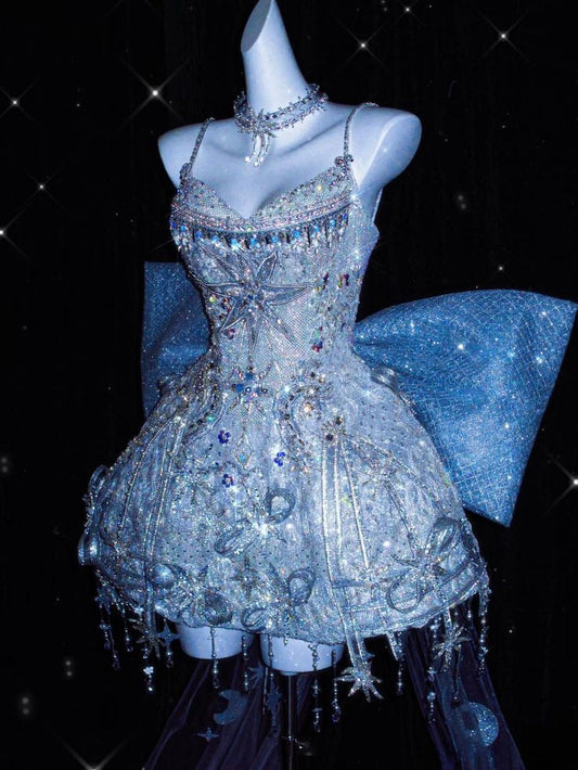 Gorgeous Romantic A Line Spaghetti Straps Sequin Beaded Back With Bow Short Homecoming Dress,Vacation Dress,18th Birthday Dress GG5043