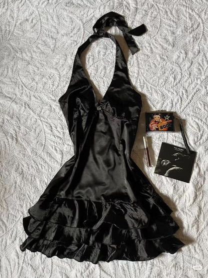 Simple Halter Black A Line Layer Satin Short Homecoming Dress,Vacation Dress,16th Birthday Dress GG5044