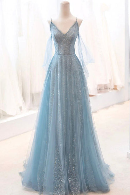 Sparkly A Line V Neck Spaghetti Straps Tulle Beading Long Prom Dress, Formal Evening Dress GG505