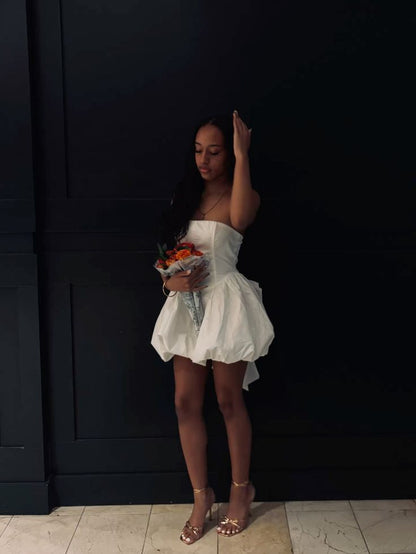 Pretty White Strapless A Line Satin Short Homecoming Dress,Vacation Dress,17th Birthday Dress GG5065