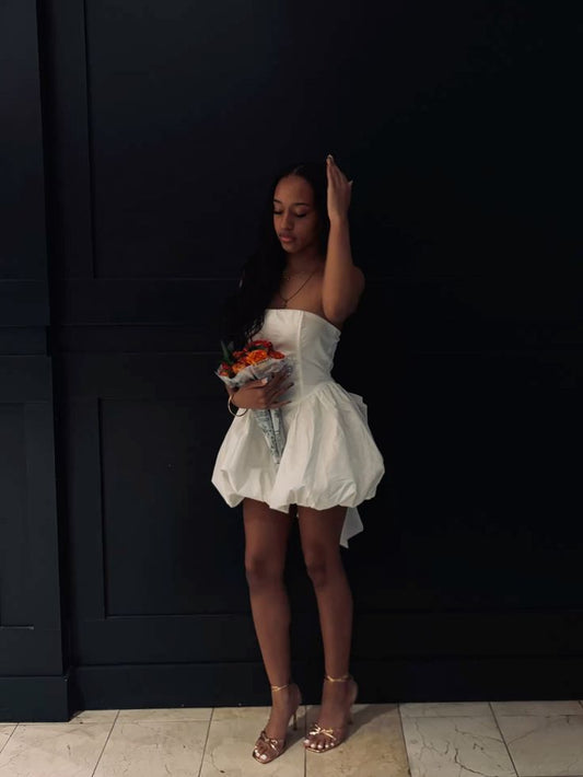 Pretty White Strapless A Line Satin Short Homecoming Dress,Vacation Dress,17th Birthday Dress GG5065