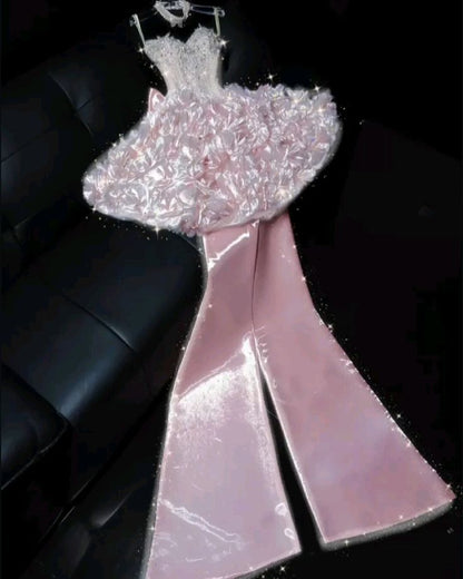 Shiny Pink Mermaid Spaghetti Straps Satin Sequin Beaded Short Homecoming Dress,Party Dress,18th Birthday Dress GG5068