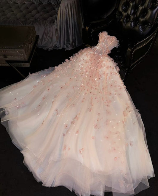 Sweet Ball Gown Strapless Tulle Applique Long Prom Dress,Party Dress,Formal Evening Dress GG5069