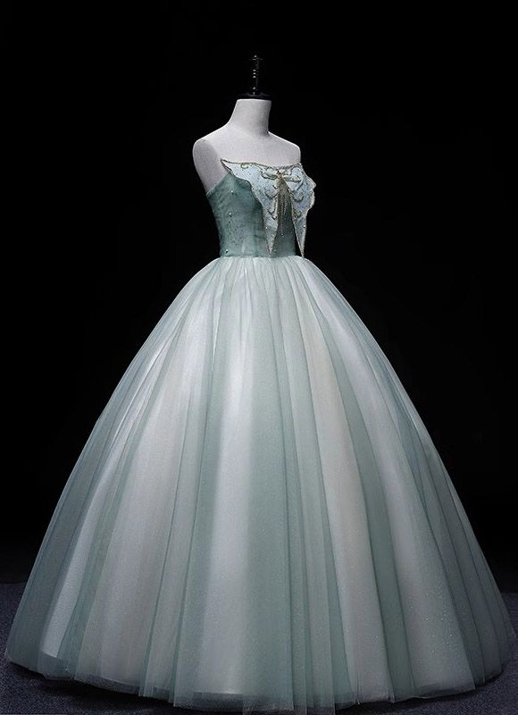 Chic A Line Strapless Tulle Beading Long Prom Dress, Formal Evening Dress GG506