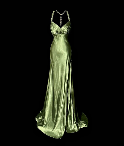 Retro Mermaid Green Satin Beaded Long Prom Dress,Evening Dress GG5077