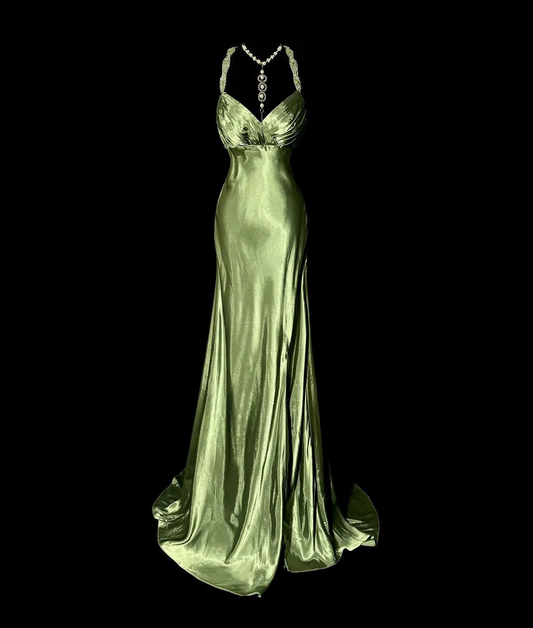 Retro Mermaid Green Satin Beaded Long Prom Dress,Evening Dress GG5077