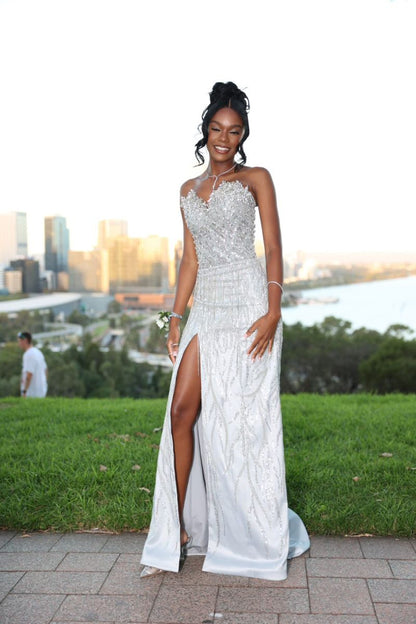 Gorgeous White Mermaid Strapless Satin Sequin Beaded Slit Long Prom Dress,Evening Dress GG5081