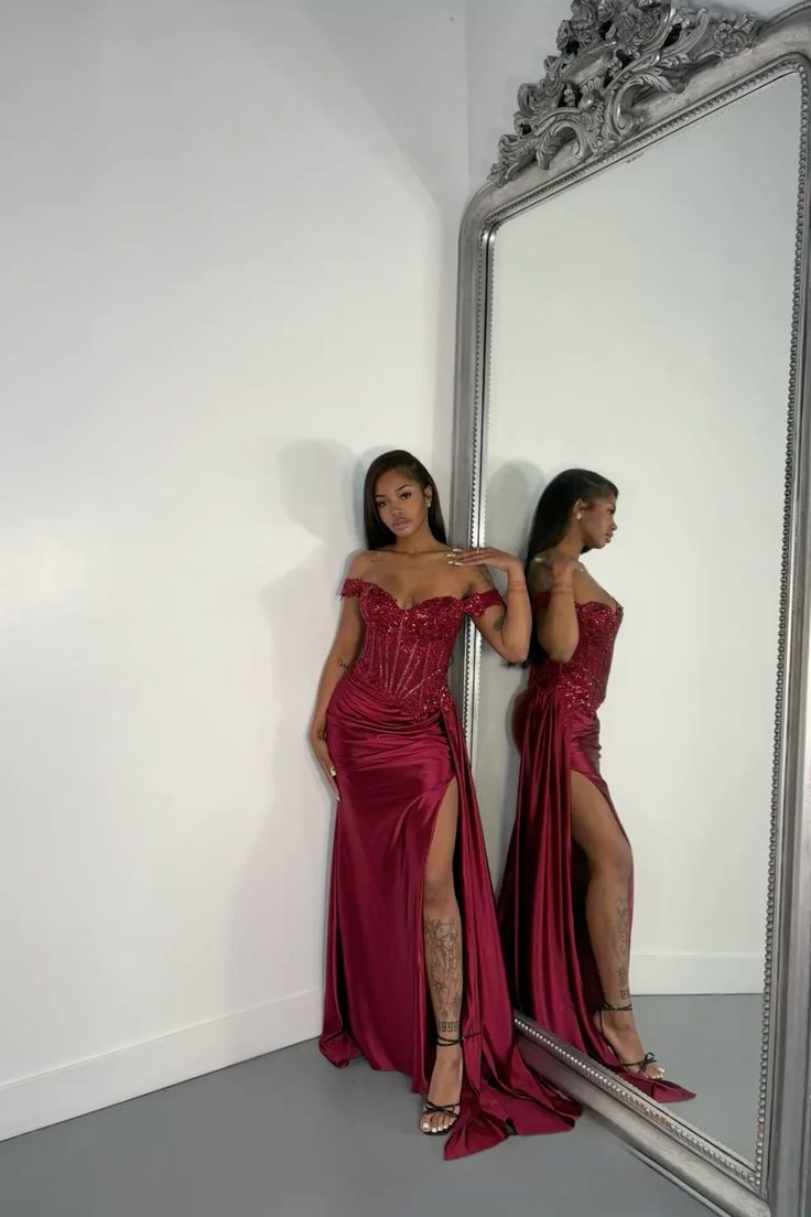 Formal Mermaid Off The Shoulder Satin Sequin Slit Long Prom Dress,Evening Dress GG5083