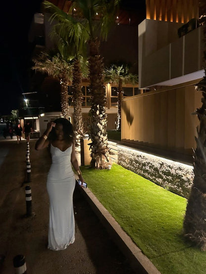 Sparkly Mermaid Spaghetti Straps White Satin Long Prom Dress,Evening Dress GG5086