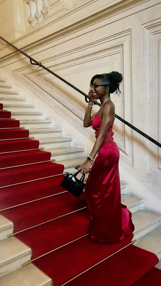 Simple Style Mermaid Burgundy Spaghetti Straps Satin Long Prom Dress,Evening Dress GG5087