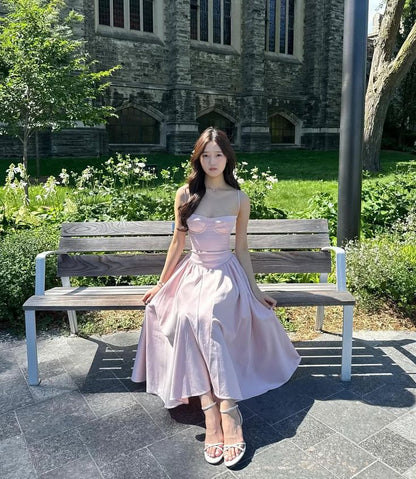 Elegant Pink A Line Spaghetti Straps Satin Long Prom Dress,Evening Dress GG5092