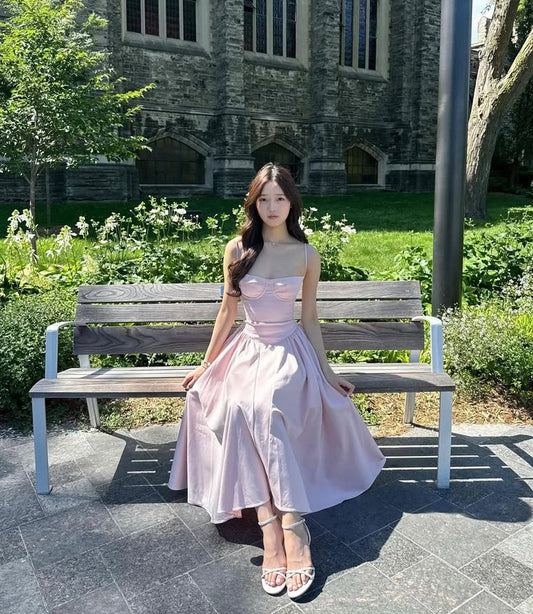 Elegant Pink A Line Spaghetti Straps Satin Long Prom Dress,Evening Dress GG5092