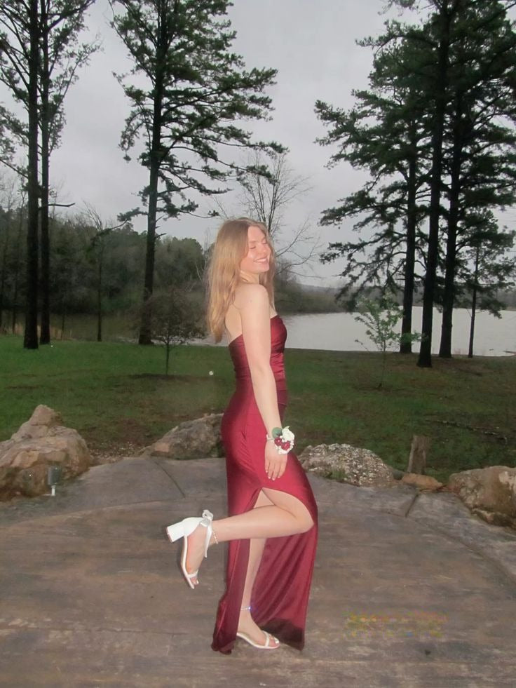 Charming Mermaid Strapless Burgundy Satin Slit Long Prom Dress,Evening Dress GG5093