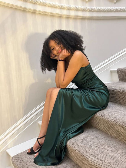 Dark Green Mermaid Spaghetti Straps Satin Slit Long Prom Dress,Evening Dress GG5096